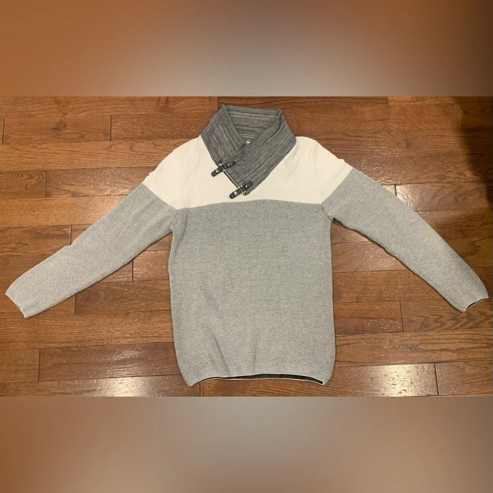 Men’s LCR Black Edition Sweater XXL Gray White‎ Knit Crossover Buckle Collar